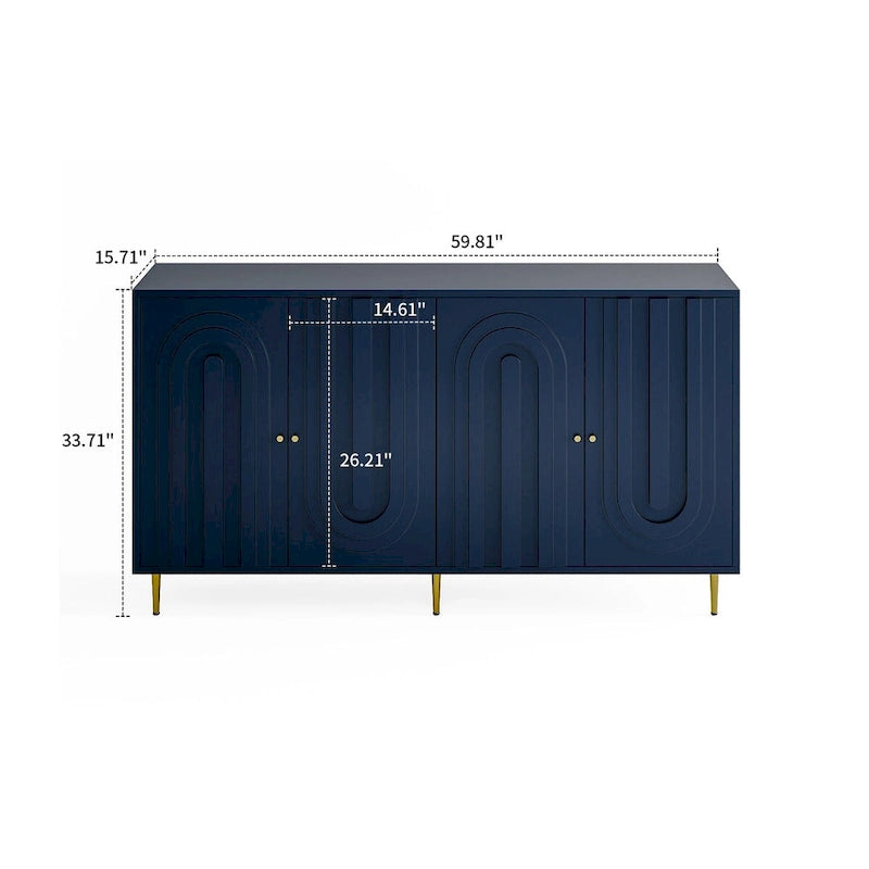 Buffet Art déco avec panneaux de porte en relief cintré, pieds dorés et support central
