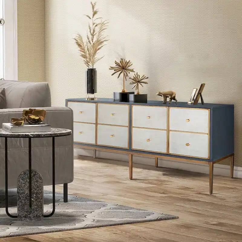 Buffet vintage à 4 portes avec portes argentées patinées, accents dorés et corps bleu