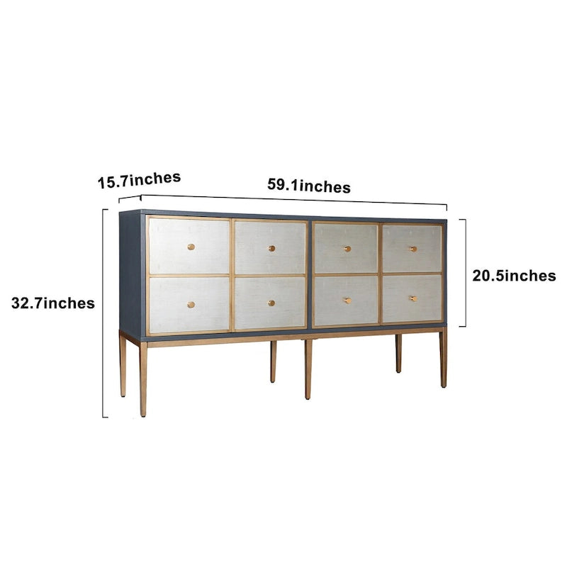 Buffet vintage à 4 portes avec portes argentées patinées, accents dorés et corps bleu