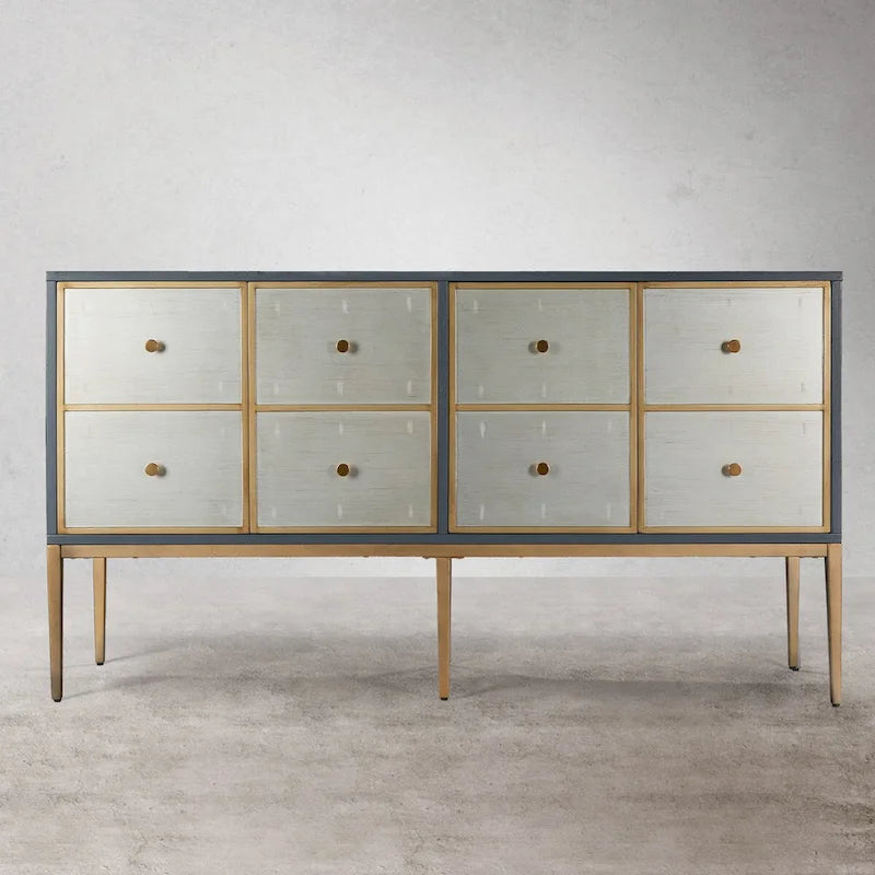 Buffet vintage à 4 portes avec portes argentées patinées, accents dorés et corps bleu