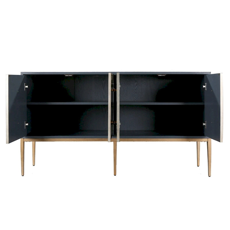 Buffet vintage à 4 portes avec portes argentées patinées, accents dorés et corps bleu