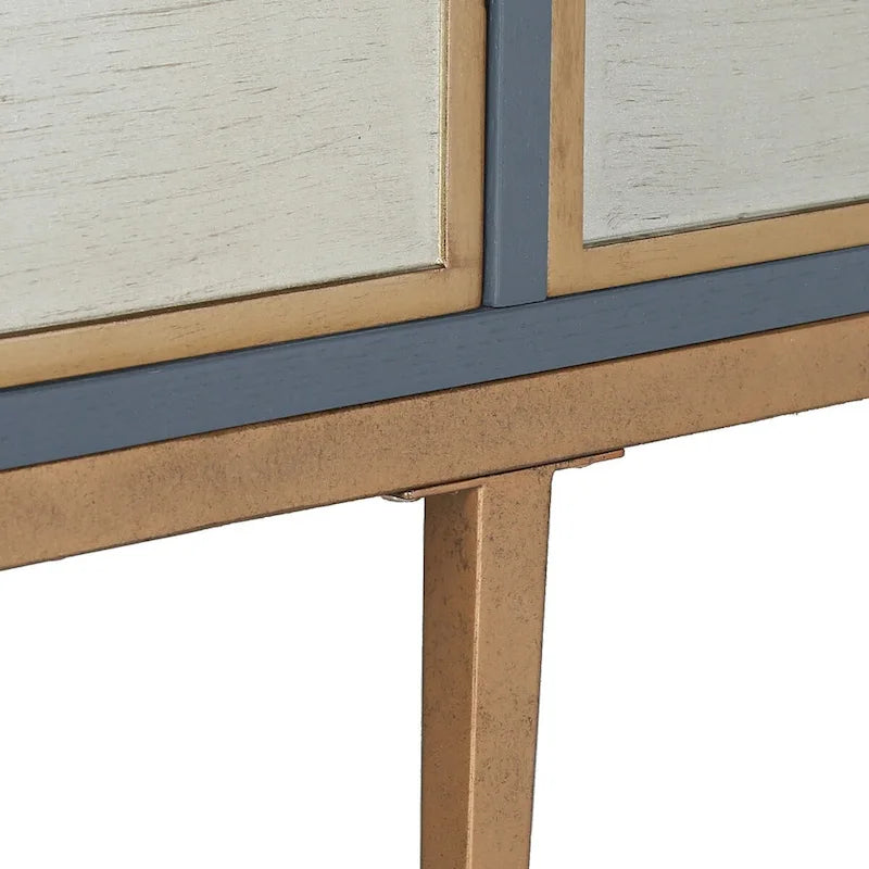 Buffet vintage à 4 portes avec portes argentées patinées, accents dorés et corps bleu