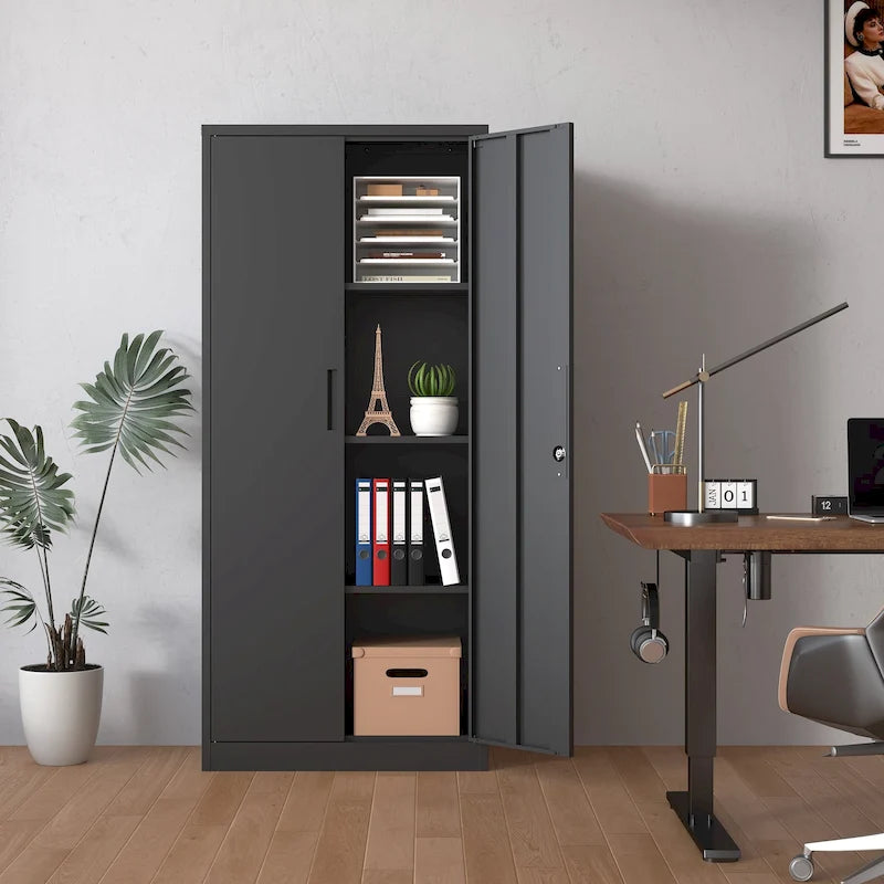 Armoire de rangement haute en acier verrouillable avec 2 portes et 4 étagères réglables