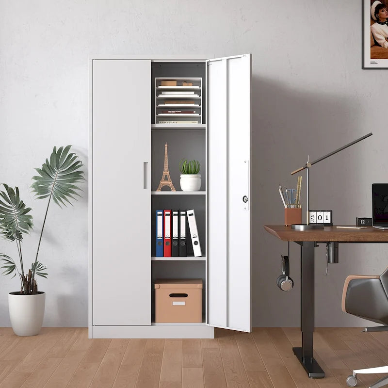 Armoire de rangement haute en acier verrouillable avec 2 portes et 4 étagères réglables
