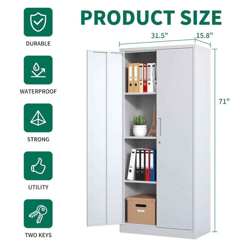 Armoire de rangement haute en acier verrouillable avec 2 portes et 4 étagères réglables