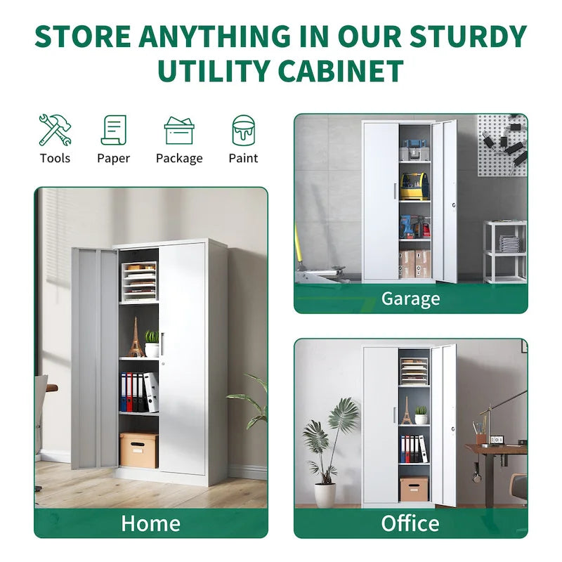 Armoire de rangement haute en acier verrouillable avec 2 portes et 4 étagères réglables