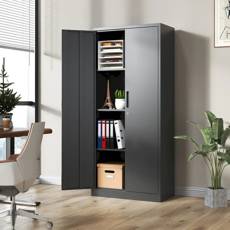 Armoire de rangement haute en acier verrouillable avec 2 portes et 4 étagères réglables