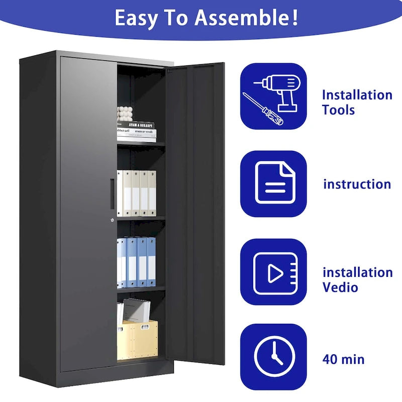 Armoire de rangement haute en acier verrouillable avec 2 portes et 4 étagères réglables