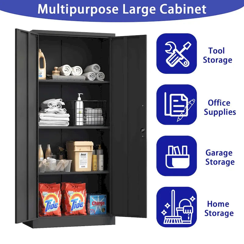 Armoire de rangement haute en acier verrouillable avec 2 portes et 4 étagères réglables