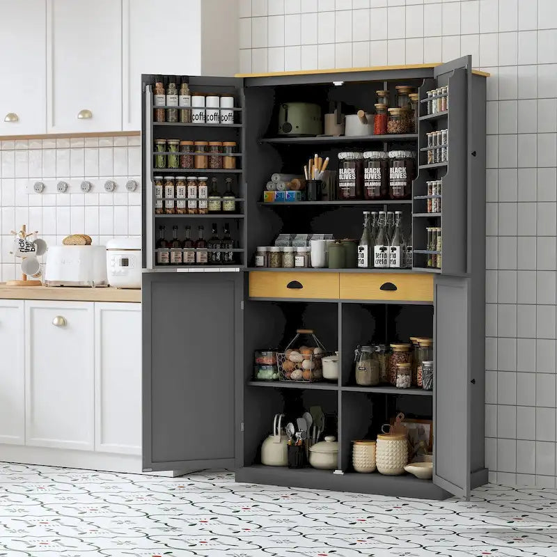 Grand meuble de cuisine autoportant gris avec 4 portes et 2 tiroirs