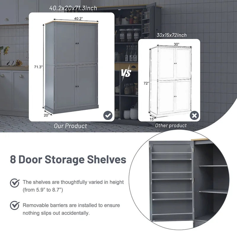Grand meuble de cuisine autoportant gris avec 4 portes et 2 tiroirs