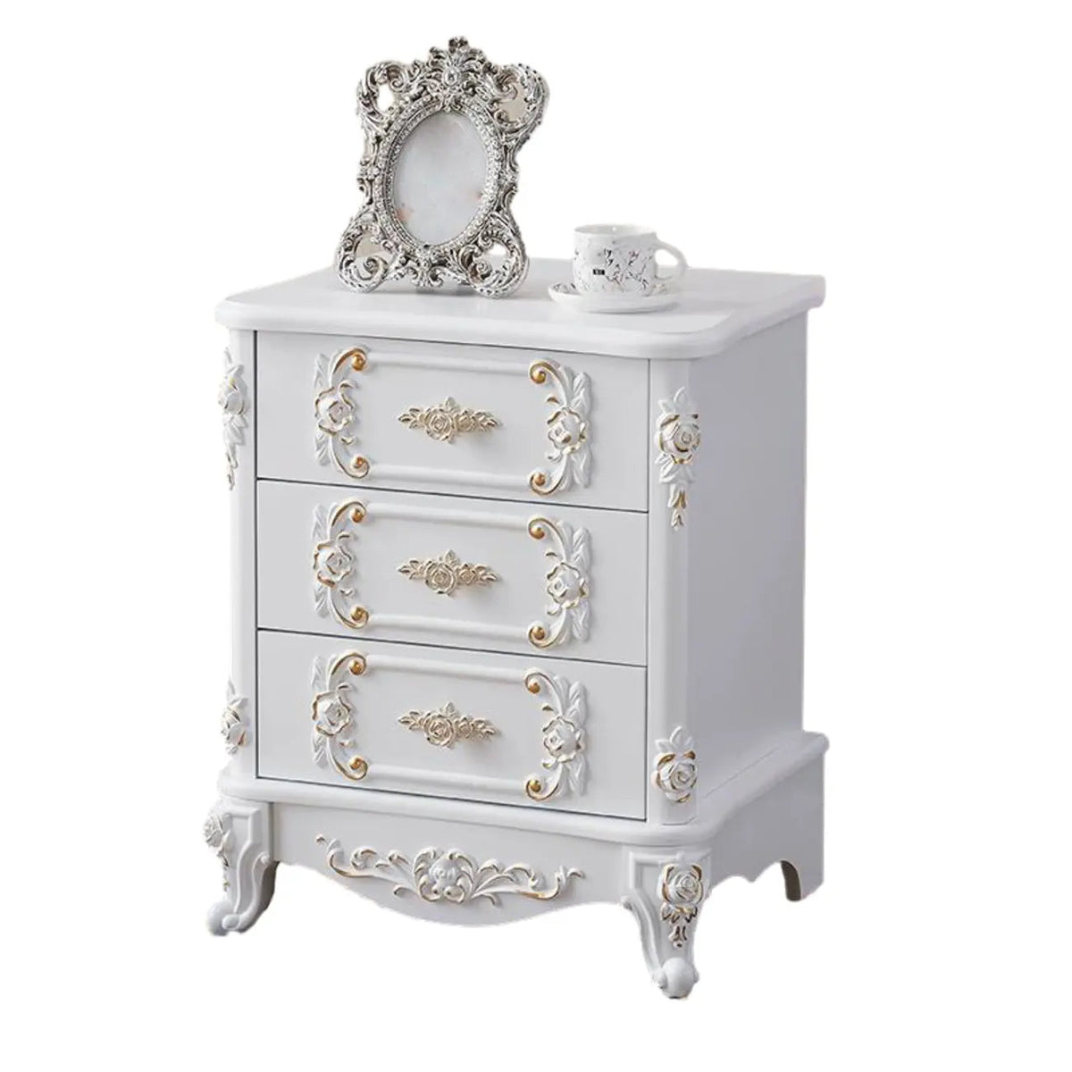 Traditional White Wood Carved 3-Drawer Nightstand