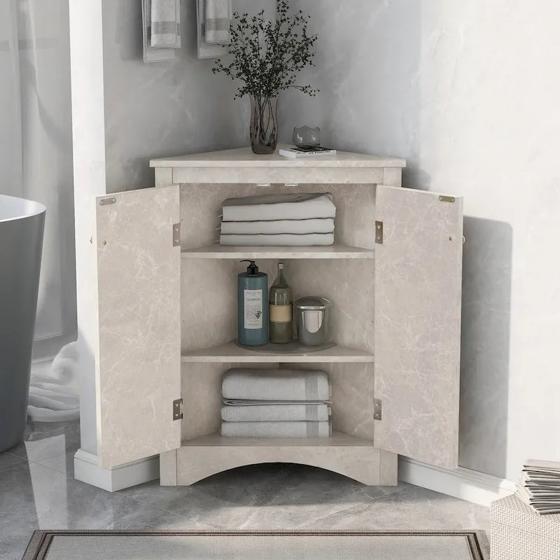 Meuble d'angle de rangement pour salle de bain avec double porte et étagères réglables