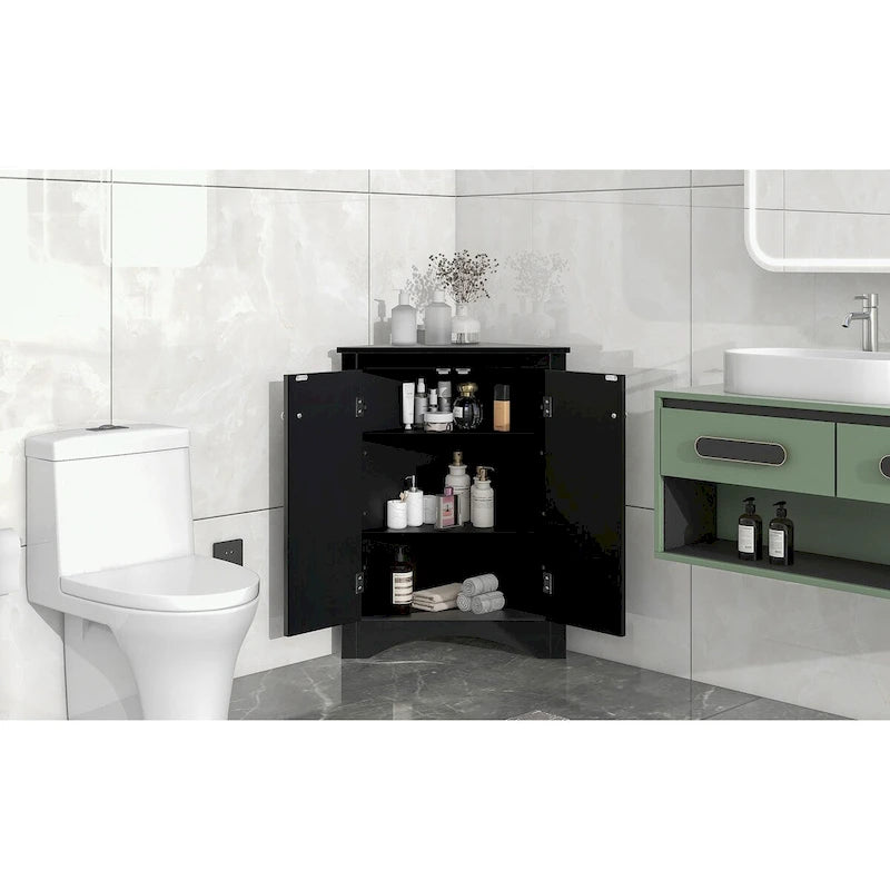 Meuble d'angle de rangement pour salle de bain avec double porte et étagères réglables