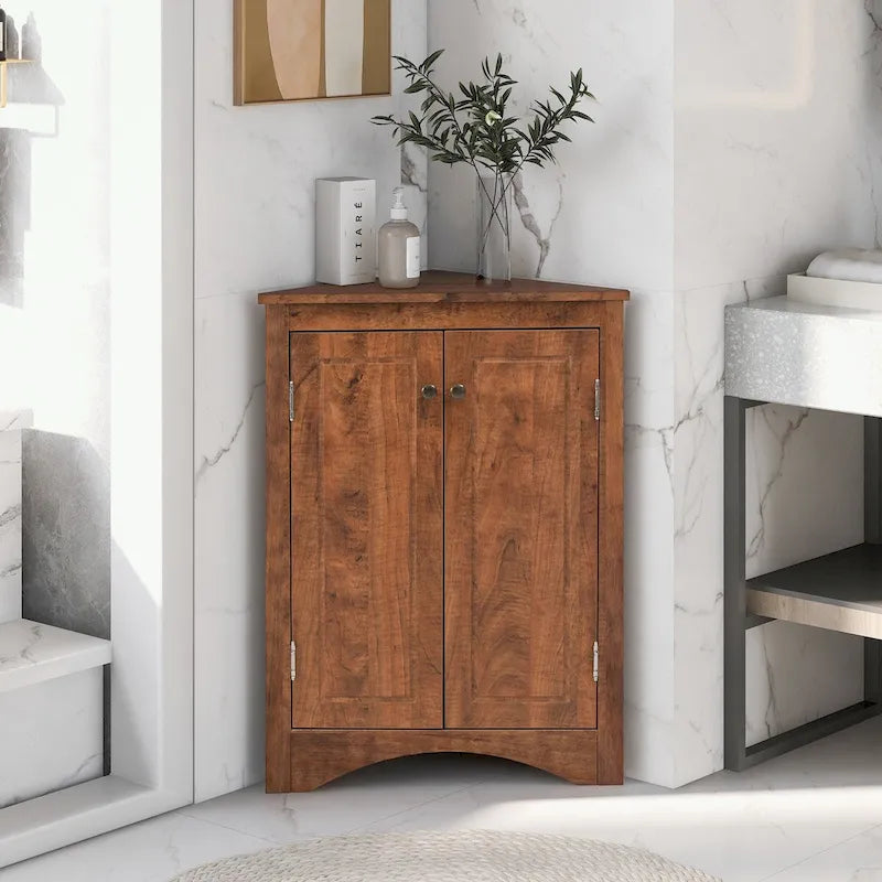Meuble d'angle de rangement pour salle de bain avec double porte et étagères réglables