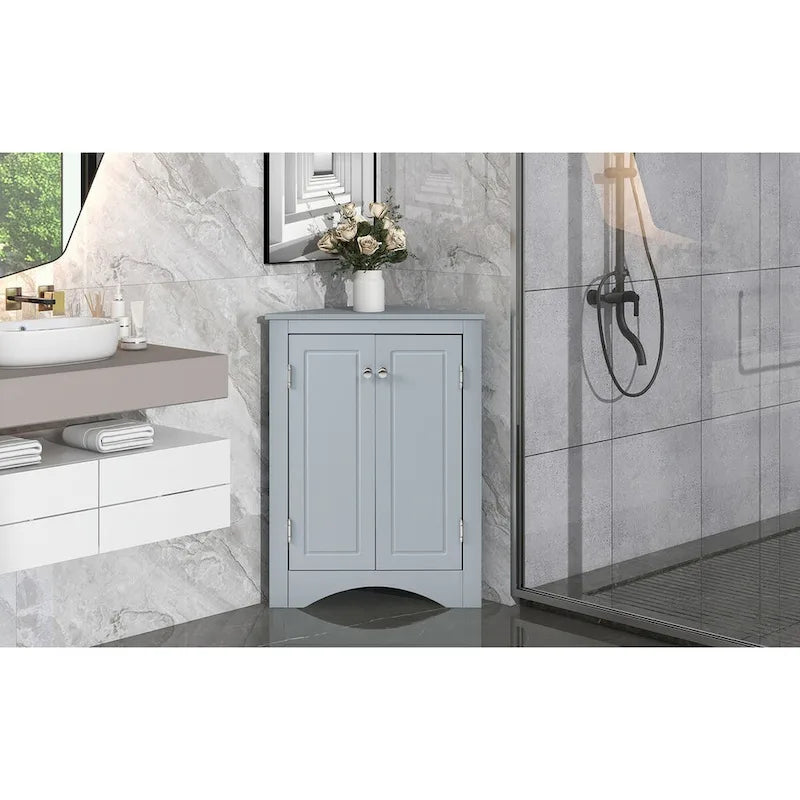 Meuble d'angle de rangement pour salle de bain avec double porte et étagères réglables