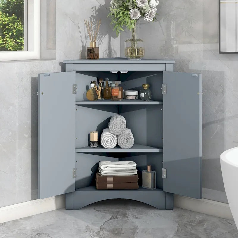 Meuble d'angle de rangement pour salle de bain avec double porte et étagères réglables