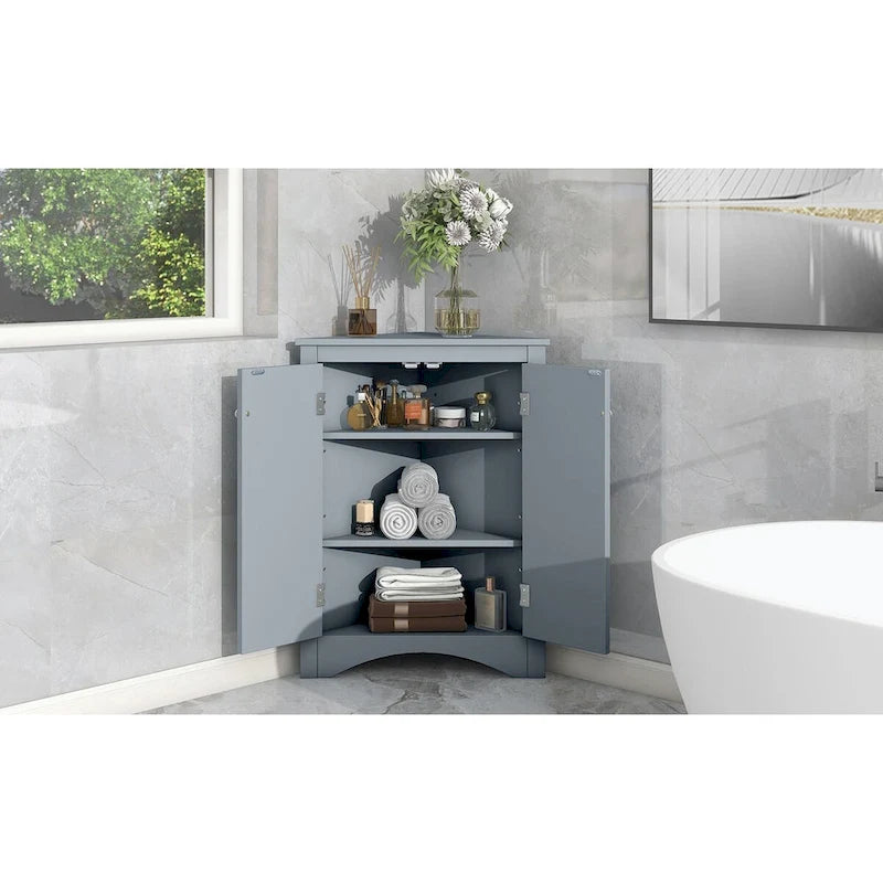 Meuble d'angle de rangement pour salle de bain avec double porte et étagères réglables