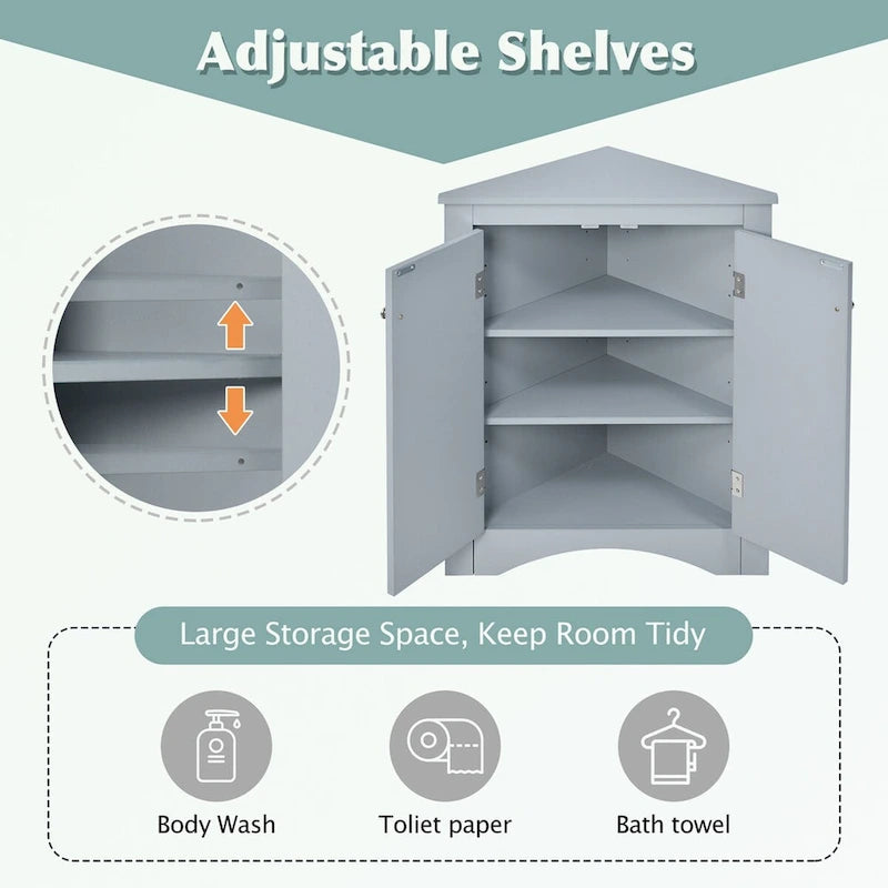 Meuble d'angle de rangement pour salle de bain avec double porte et étagères réglables