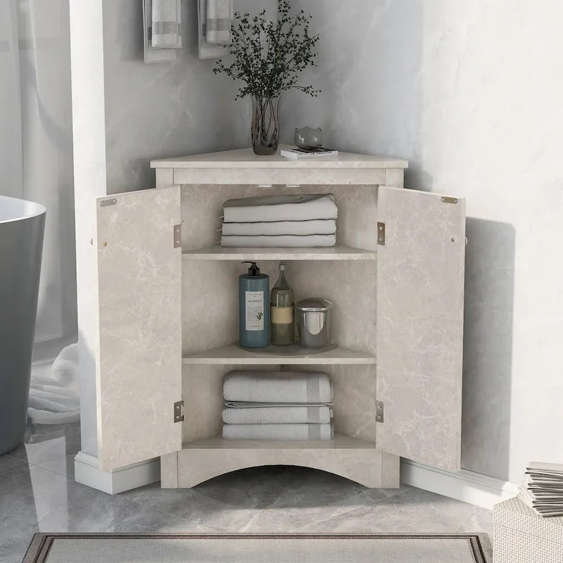 Meuble d'angle de rangement pour salle de bain avec double porte et étagères réglables