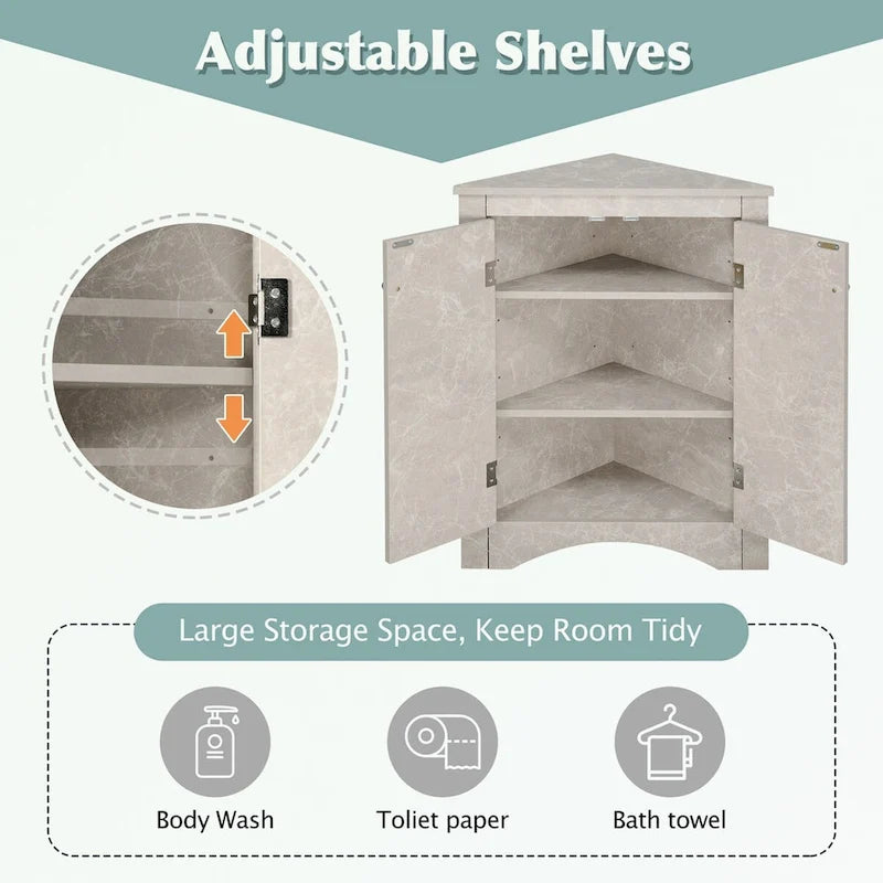 Meuble d'angle de rangement pour salle de bain avec double porte et étagères réglables