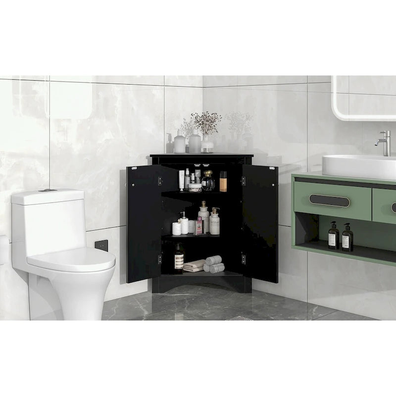 Meuble d'angle de rangement pour salle de bain avec double porte et étagères réglables