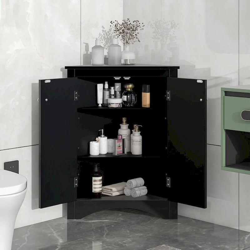 Meuble d'angle de rangement pour salle de bain avec double porte et étagères réglables