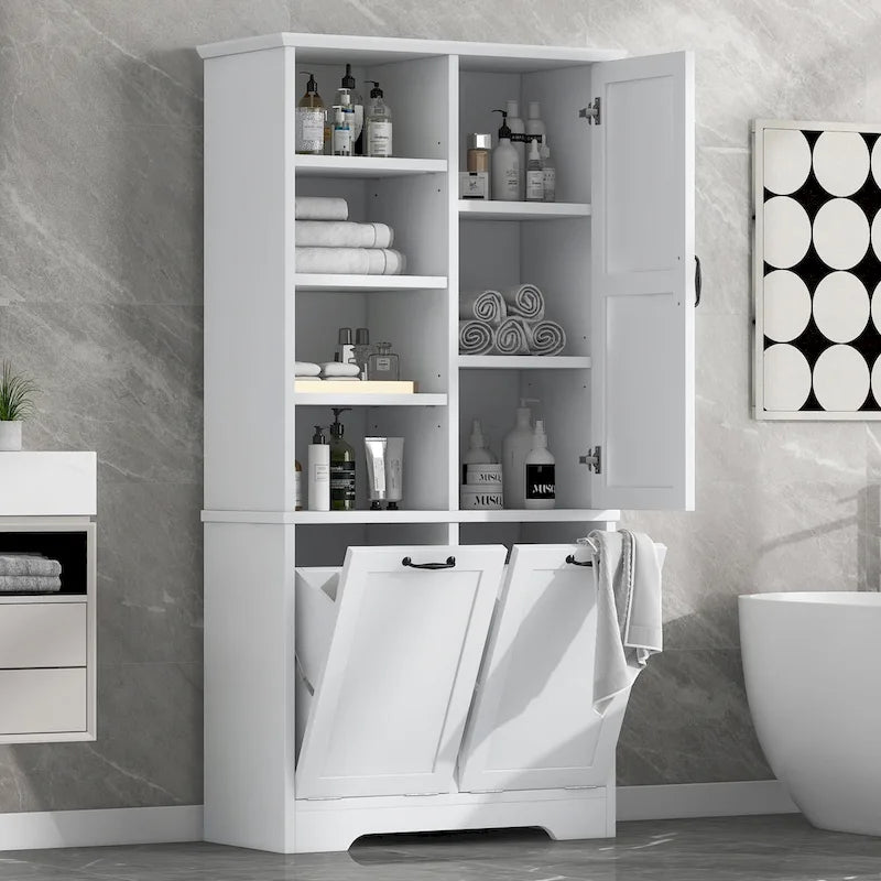 Meuble de rangement haut de salle de bain avec étagères ouvertes, armoire à porte et 2 paniers à linge inclinables
