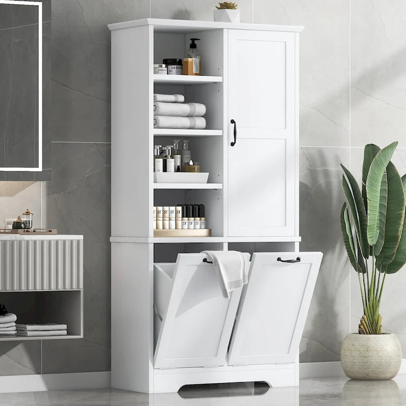 Meuble de rangement haut de salle de bain avec étagères ouvertes, armoire à porte et 2 paniers à linge inclinables