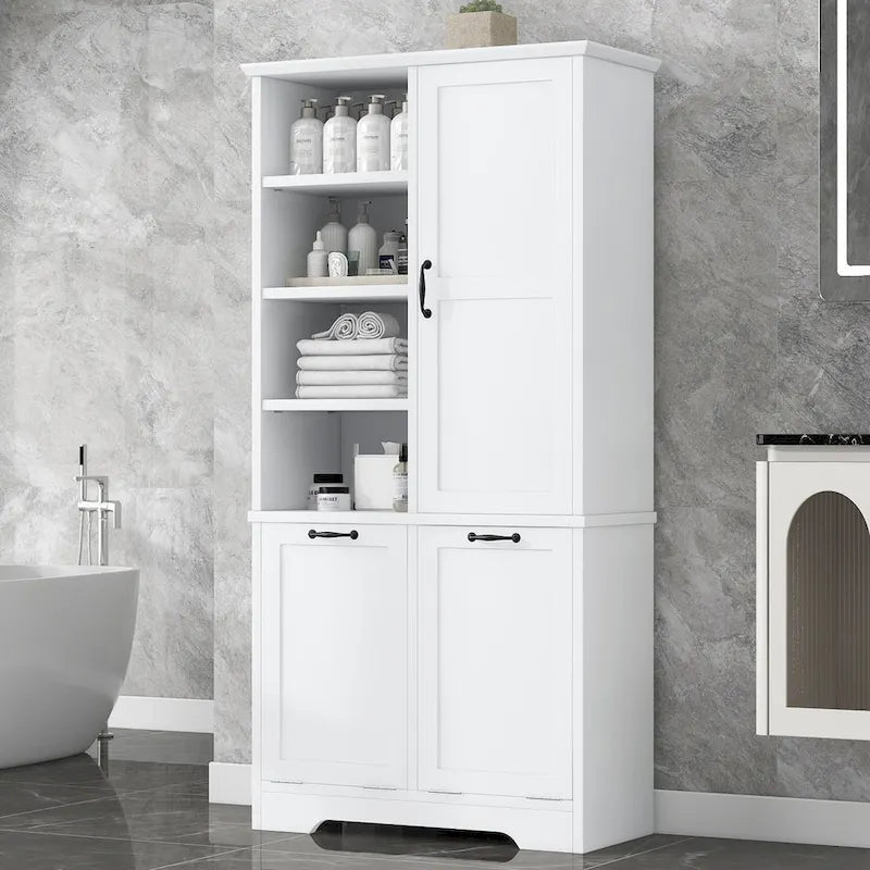 Meuble de rangement haut de salle de bain avec étagères ouvertes, armoire à porte et 2 paniers à linge inclinables
