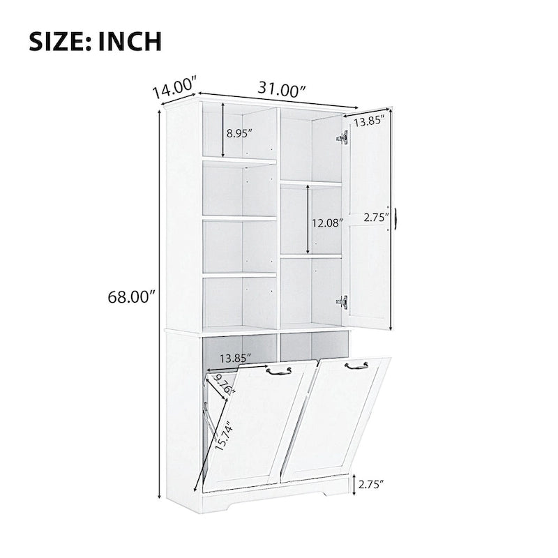 Meuble de rangement haut de salle de bain avec étagères ouvertes, armoire à porte et 2 paniers à linge inclinables