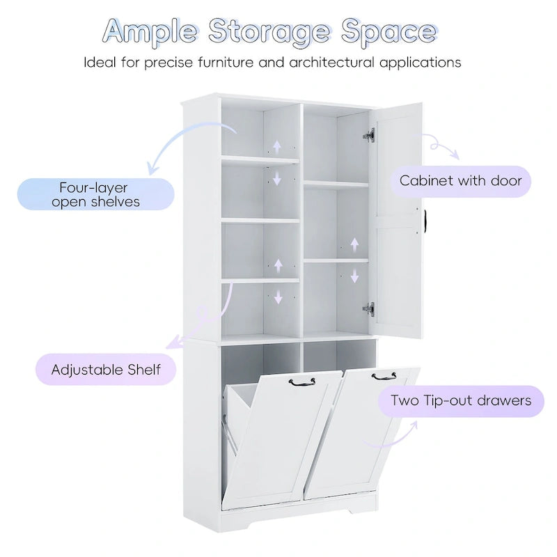 Meuble de rangement haut de salle de bain avec étagères ouvertes, armoire à porte et 2 paniers à linge inclinables