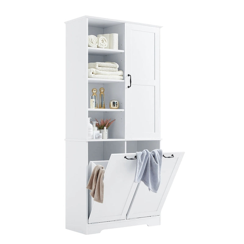 Meuble de rangement haut de salle de bain avec étagères ouvertes, armoire à porte et 2 paniers à linge inclinables