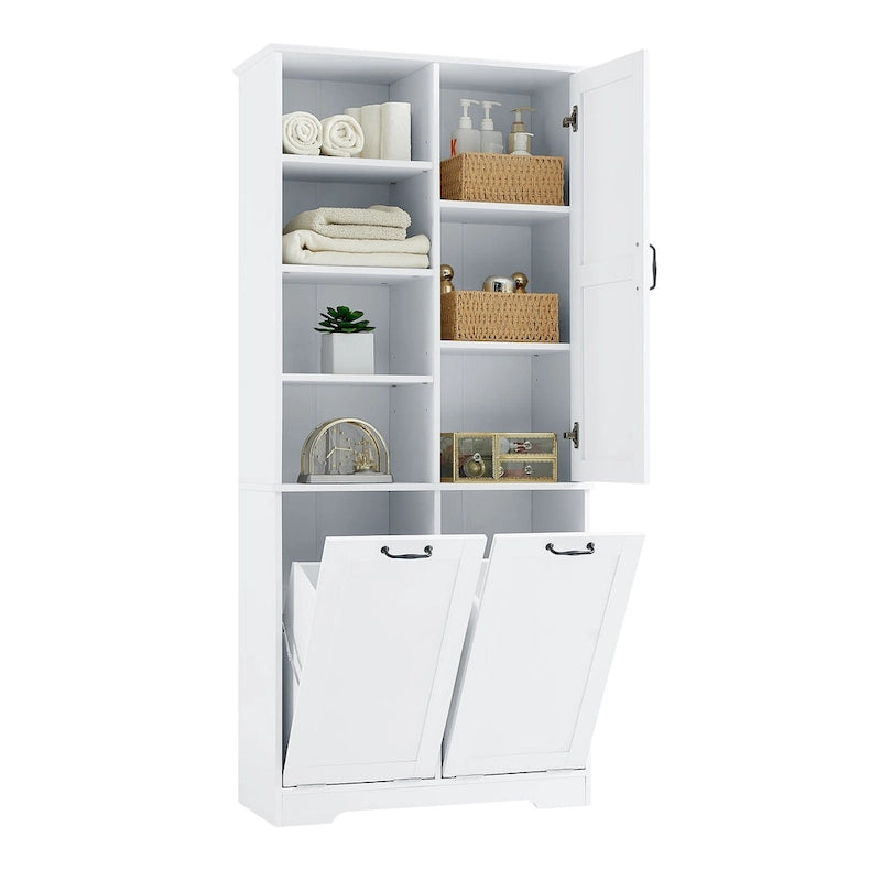 Meuble de rangement haut de salle de bain avec étagères ouvertes, armoire à porte et 2 paniers à linge inclinables