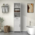 Meuble de rangement haut, étroit et blanc pour salle de bain avec étagères ouvertes, tiroir et porte