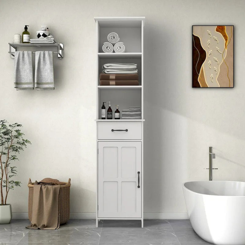 Meuble de rangement haut, étroit et blanc pour salle de bain avec étagères ouvertes, tiroir et porte