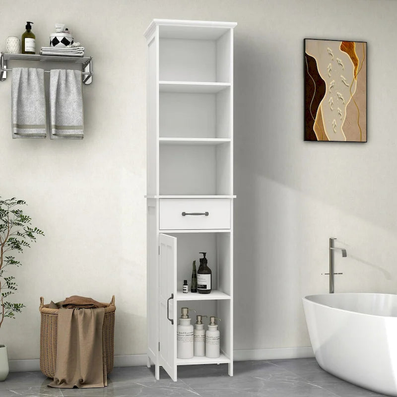 Meuble de rangement haut, étroit et blanc pour salle de bain avec étagères ouvertes, tiroir et porte