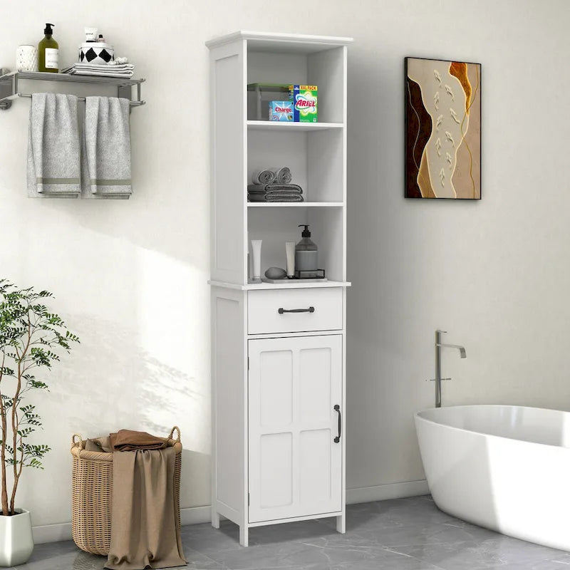 Meuble de rangement haut, étroit et blanc pour salle de bain avec étagères ouvertes, tiroir et porte