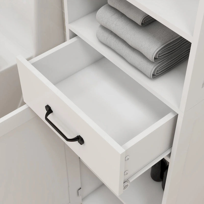 Meuble de rangement haut, étroit et blanc pour salle de bain avec étagères ouvertes, tiroir et porte