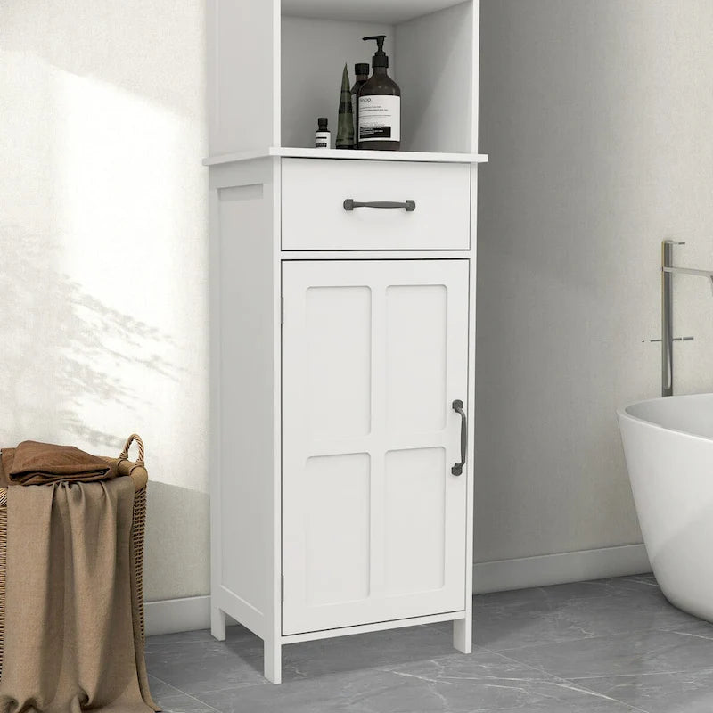 Meuble de rangement haut, étroit et blanc pour salle de bain avec étagères ouvertes, tiroir et porte