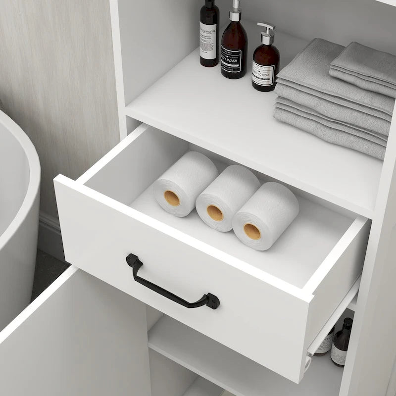Meuble de rangement haut, étroit et blanc pour salle de bain avec étagères ouvertes, tiroir et porte