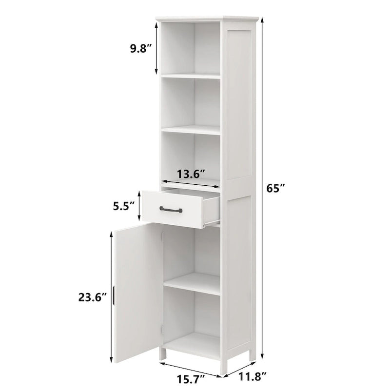 Meuble de rangement haut, étroit et blanc pour salle de bain avec étagères ouvertes, tiroir et porte