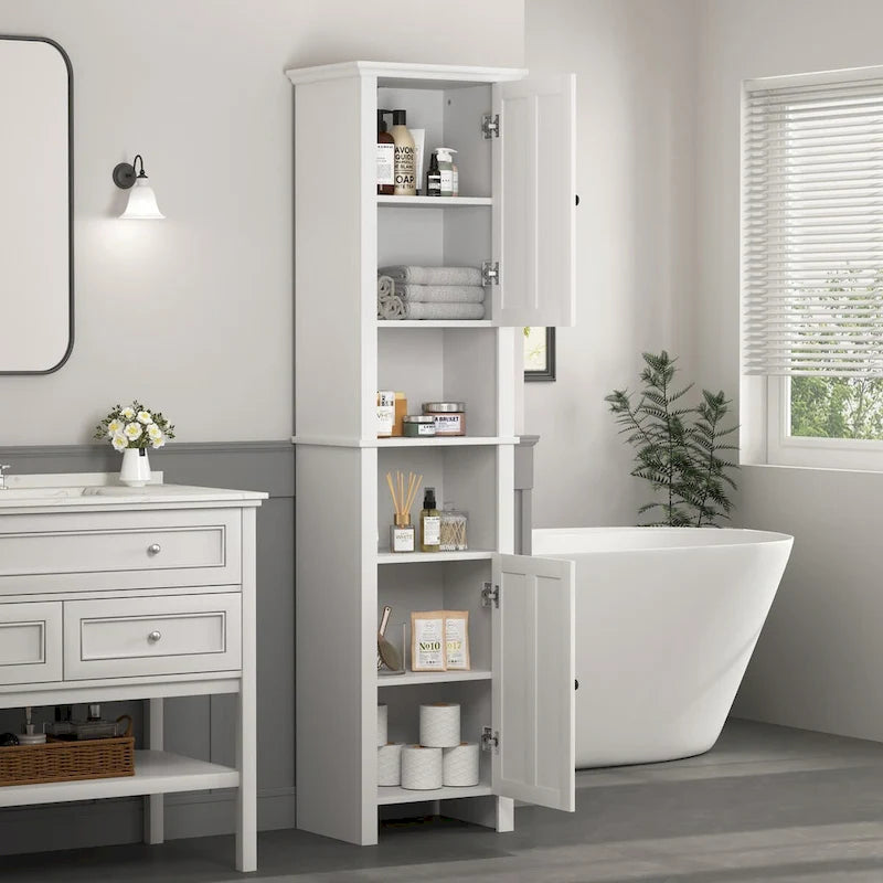 Meuble de Rangement Salle de Bain Colonne avec 2 Portes et Étagères Ouvertes