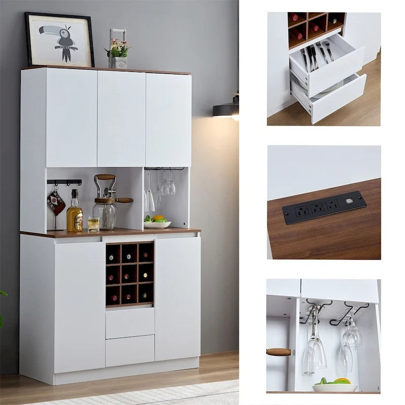 Grand buffet en bois blanc avec étagère supérieure, porte-bouteilles et tiroirs