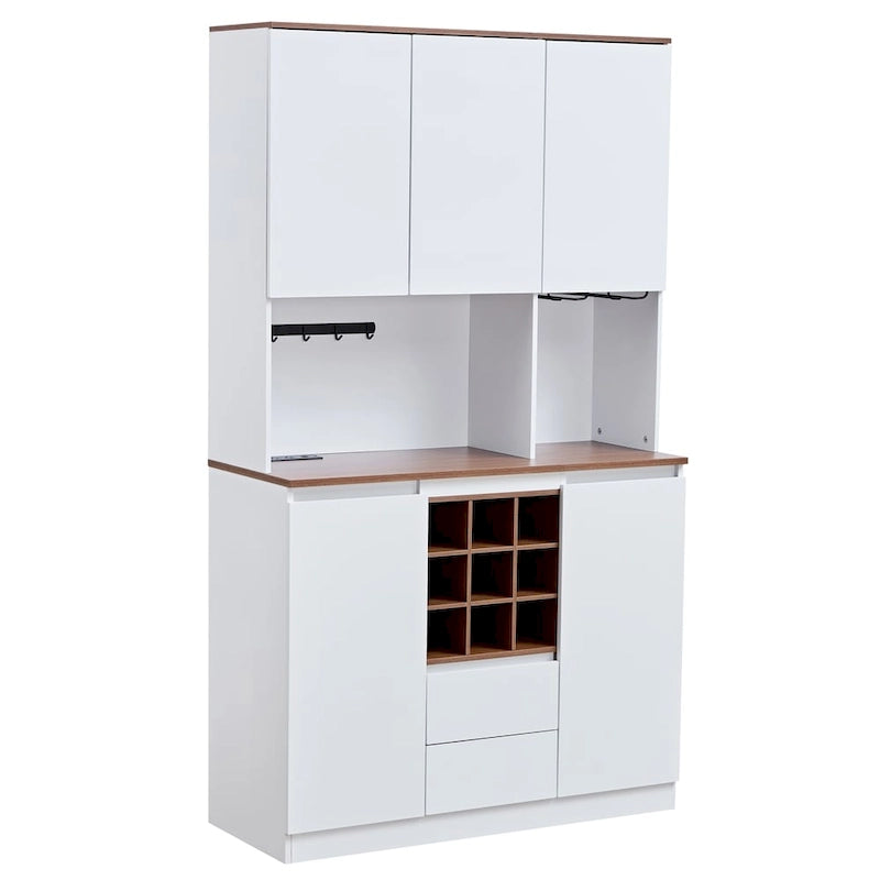 Grand buffet en bois blanc avec étagère supérieure, porte-bouteilles et tiroirs