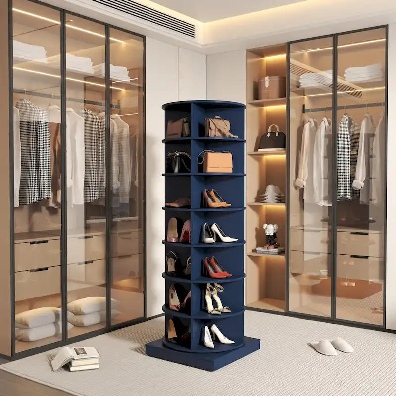 Tour de rangement à chaussures et sacs à 7 niveaux rotative à 360 degrés avec étagères ouvertes