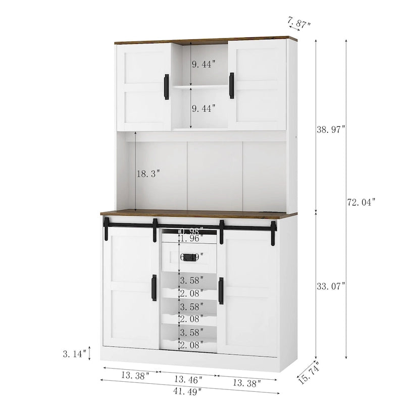 Meuble de bar de cuisine de ferme blanc avec portes coulissantes et porte-bouteilles