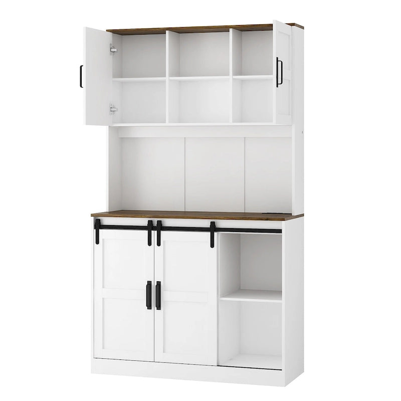 Meuble de bar de cuisine de ferme blanc avec portes coulissantes et porte-bouteilles
