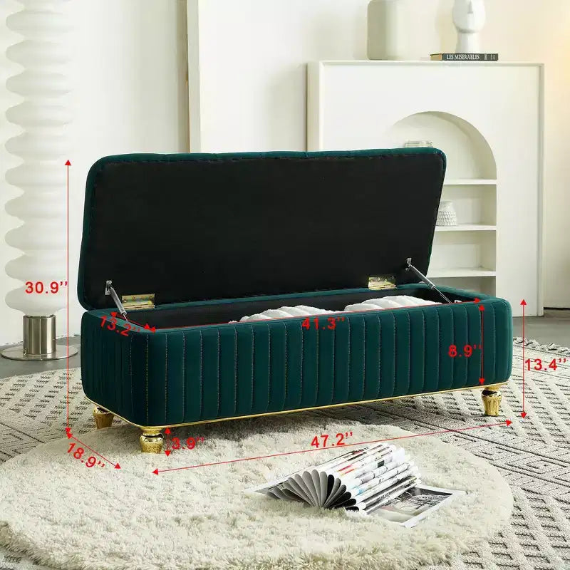 Okak Modern Luxury Flip Top Deep Button Ottoman Bench with Gold Decor & Metal Legs,Upholstered Storage Bench for Living Room,Bedroom