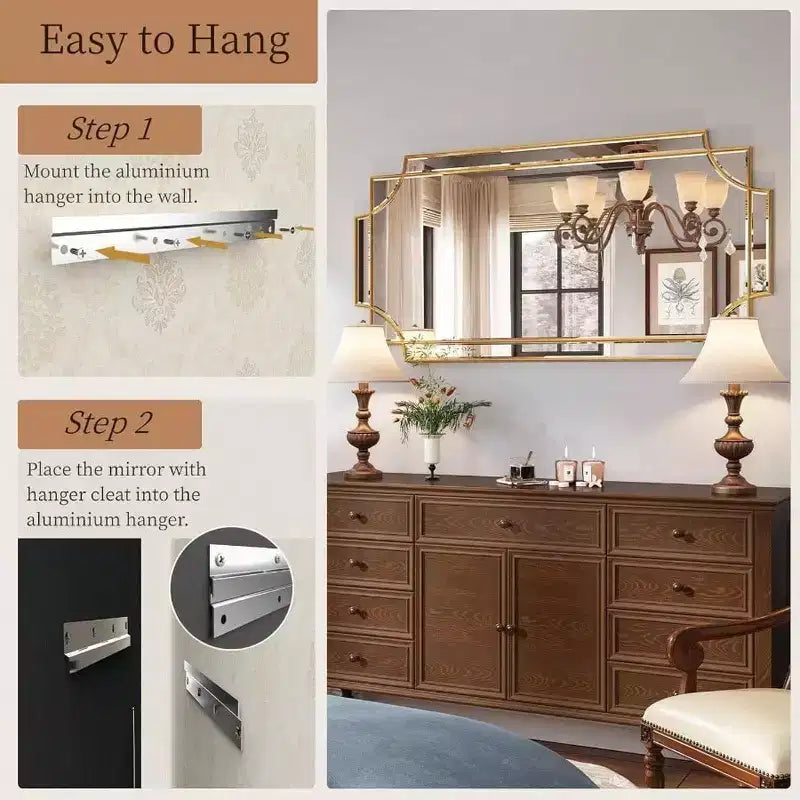 Gold Traditional Mirror Wall Art Decorative Beveled Full Length Mirror Home Decor Bathroom Living Room Bedroom Kitchen
